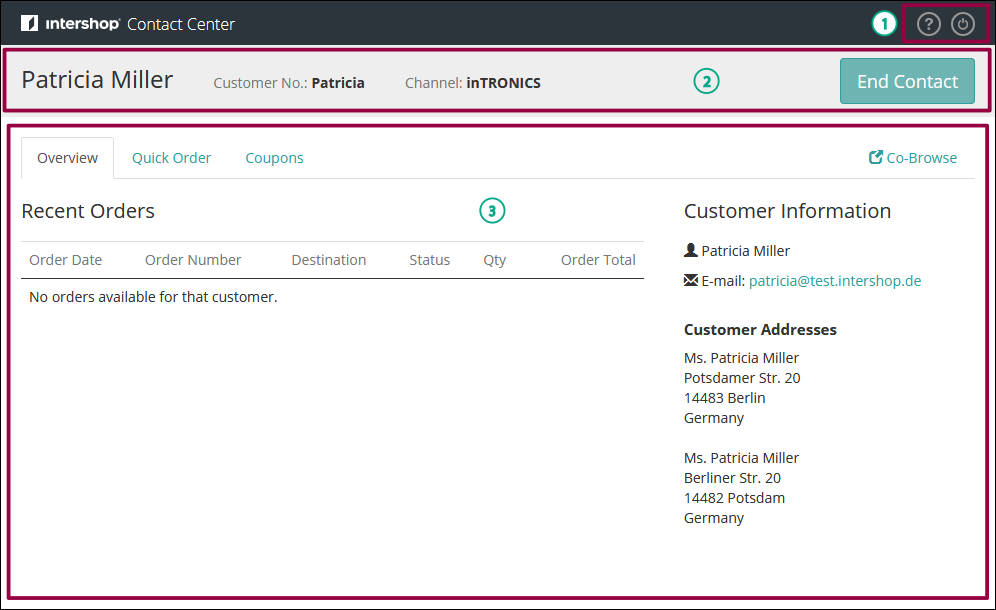 Intershop Contact Center user interface